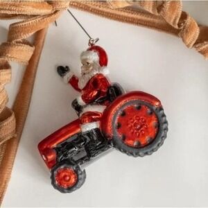 Ragon House Christmas‎ Vtg Style Santa on Red Tractor Ornament Blown Glass NEW